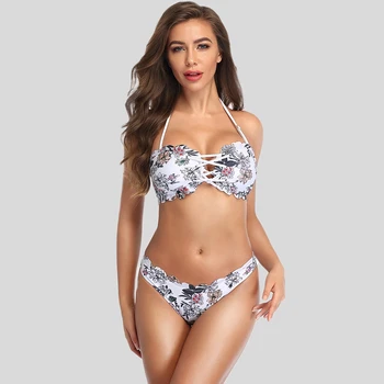 

Women's Vintage Halter Top Sexy Bikini Scalloped Edge Lace-up 2020 Women Swimsuit Floral Print Swimwear Female Swim Bathing Suit