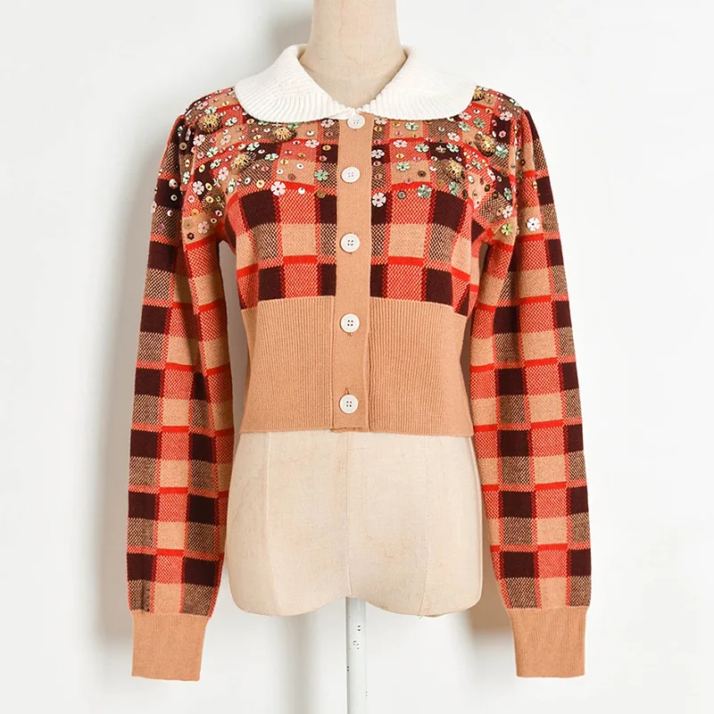 Контрастные Цвет короткий кардиган Новинка шикарные с блестками и бисером