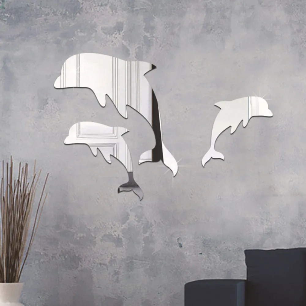 1 Set Wall Mirror Sticker Acrylic 3D Cute Dolphin Combination Effect Decal Home Decor Bathroom Stickers | Дом и сад