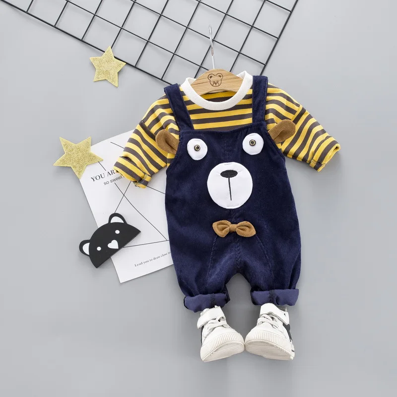 Navy blue Одежда для маленьких девочек; осенне-зимняя детская одежда; полосатая футболка+ комбинезон; комплект одежды для детей; костюм для мальчиков; комплекты одежды - Цвет: Navy blue