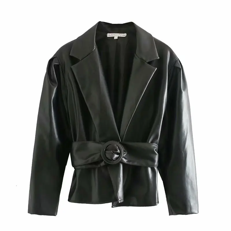 Зимняя Черная куртка из искусственной кожи с глубоким v-образным вырезом и поясом, короткая куртка, пальто для женщин, Байкерская уличная одежда - Цвет: black