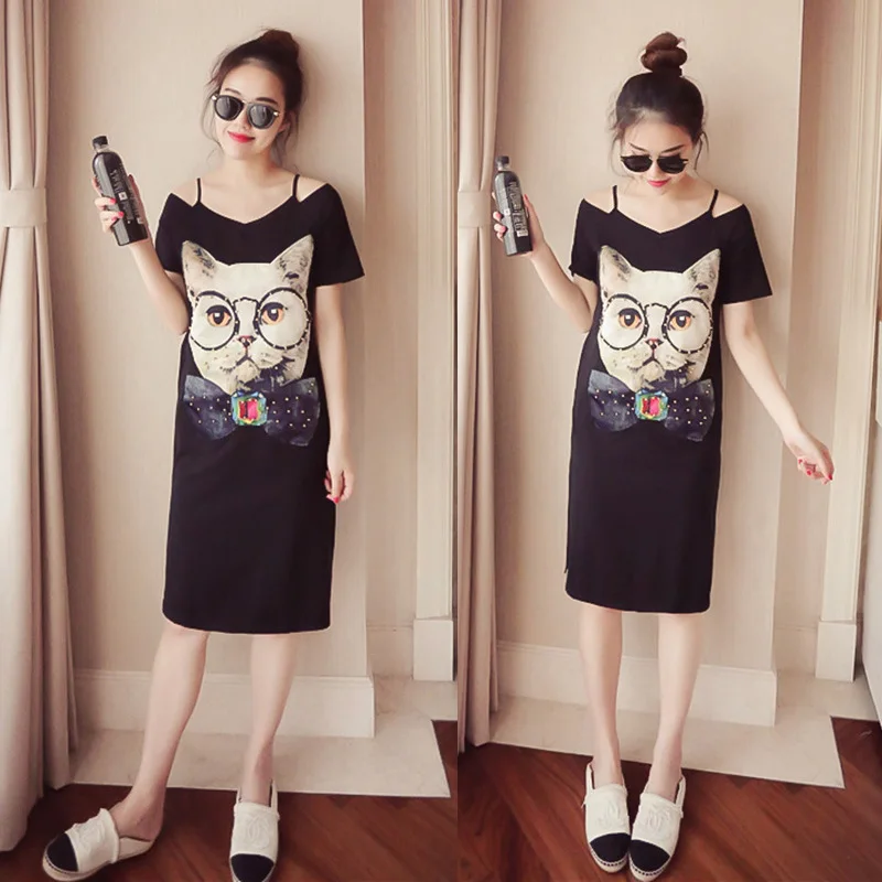 

2018 Summer Wear New Style Korean-style Horizontal Neck off-Shoulder Strapped Dress Loose-Fit Mid-length Slit T-shirt WOMEN'S Sh