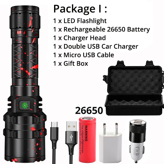Package I Профессиональный тактический светодиодный светильник с подзарядкой от USB 18650 26650 фонарь на батарейках водонепроницаемый охотничий светильник XHP50.2 Xlamp - Испускаемый цвет: Package I