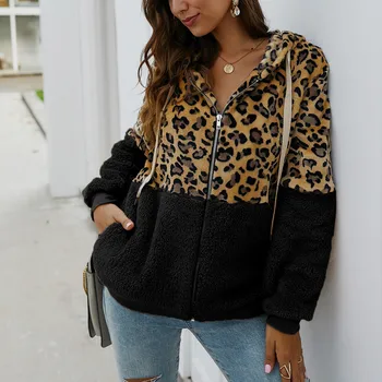 

new 2019 jacket women Women Leopard Print Patchwork Fleece Long Sleeves Cardigan Zipper Keep Warm Coat chaqueta mujer