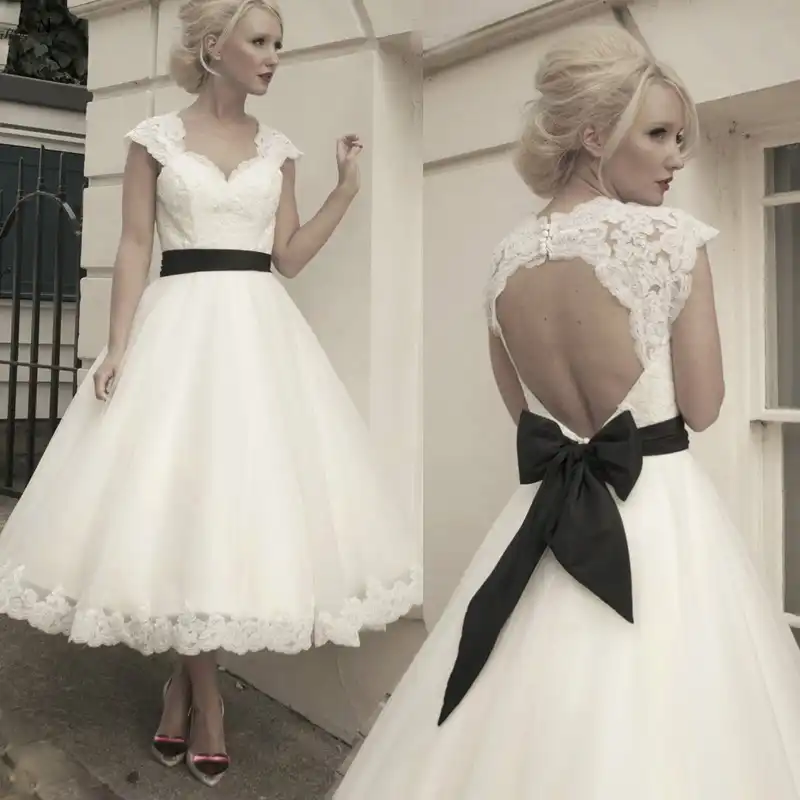 Vestidos De Novia Cortos De Encaje 2020 Mangas Sin Espalda Hasta El Te Con Lazo Negro Vestidos De Novia Economicos Vestido De Novia Aliexpress