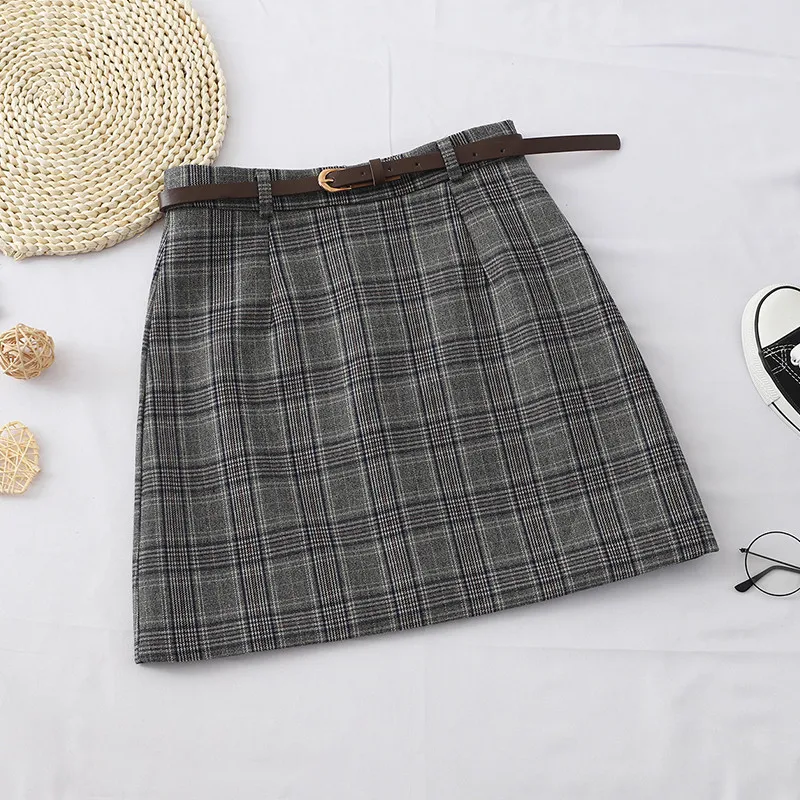 Gray Skirt Винтажные женские клетчатые юбки, высокая талия, мини юбка, Корейская Повседневная тонкая Студенческая короткая юбка, выше колена, женские Saias с поясом - Цвет: Gray Skirt