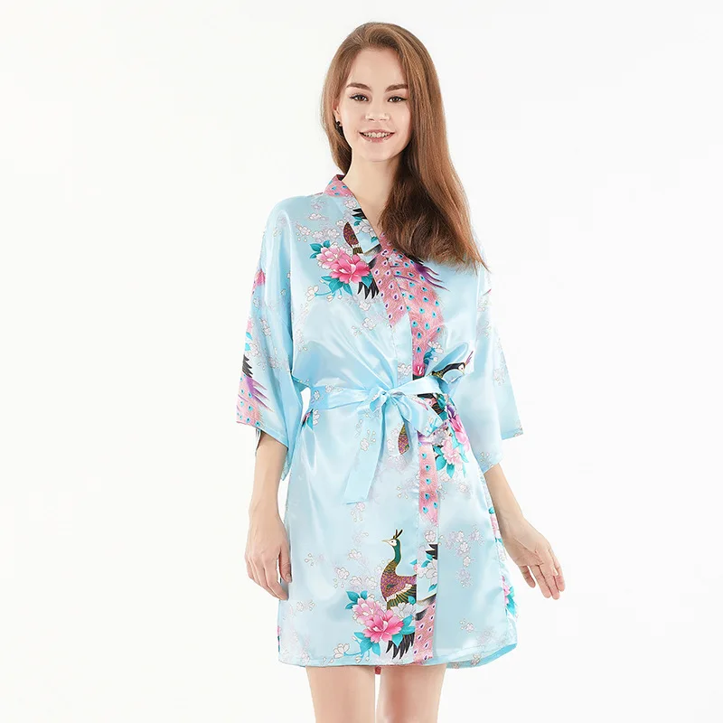 Water Blue Пижамы халат женские пижамы цветочные шелковые халаты Атласный халат тонкая Пижама для невесты Szlafrok свадебное кимоно утреннее платье - Цвет: Water Blue