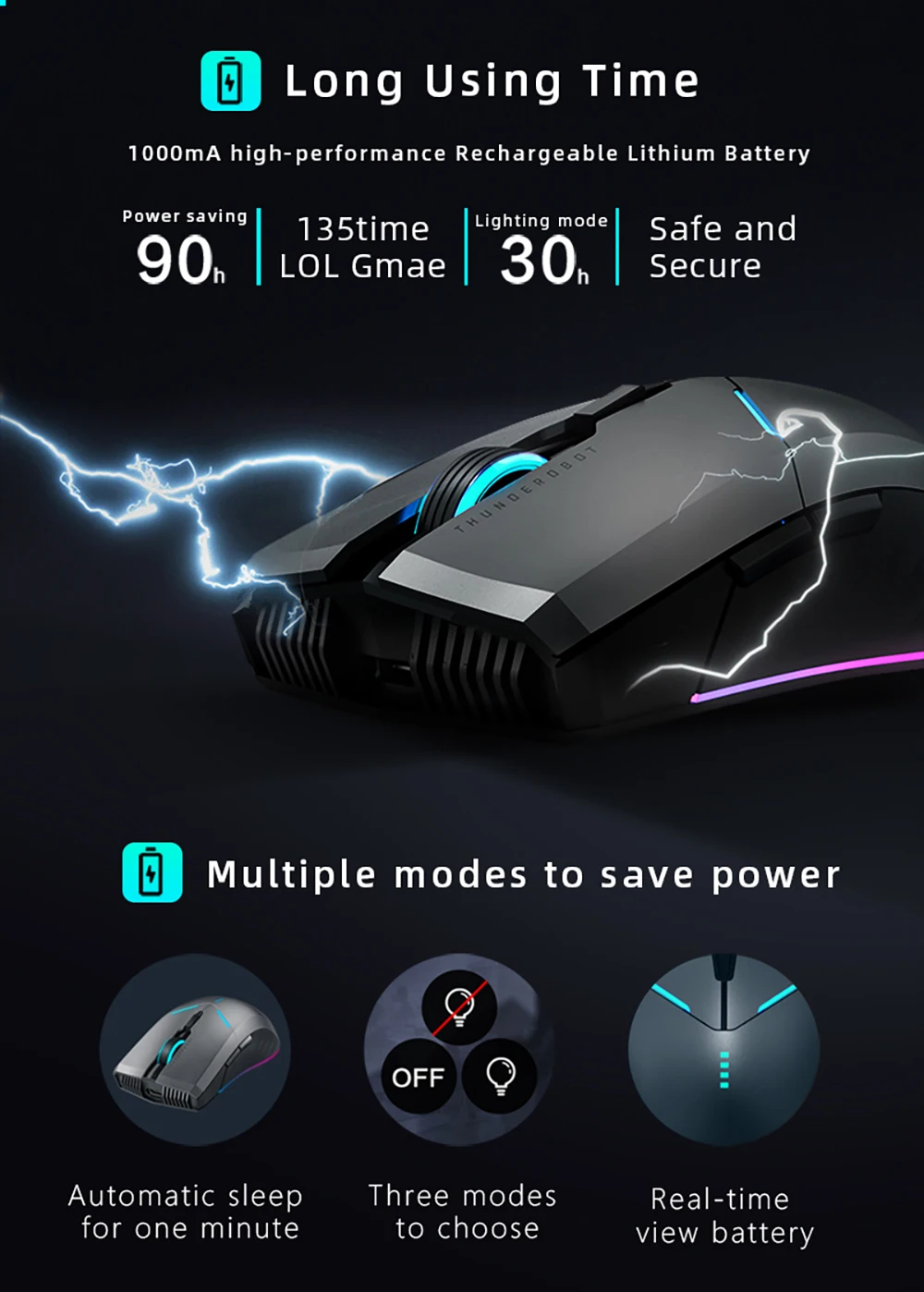 ThundeRobot-ML701 Mouse sem fio para jogos, recarregável,
