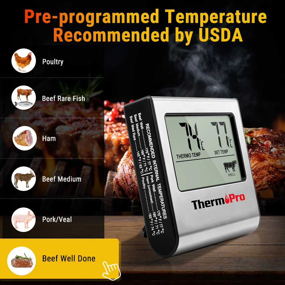 Цифровой термометр ThermoPro TP16 с таймером из нержавеющей стали для барбекю мяса