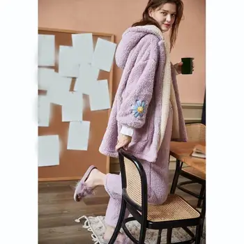

2 Pieces Set Winter Women Thick Pajamas Set Hooded Flannel Sleepwear Set Floral Flower Pattern Embroidery Warm Pajamas