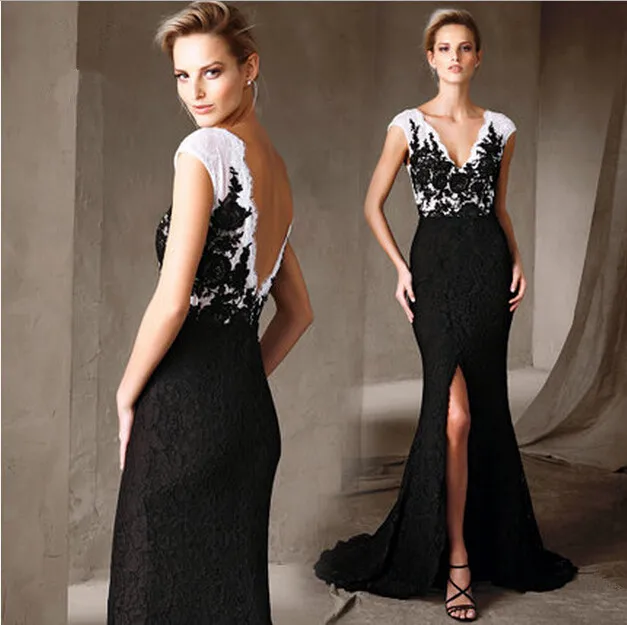Vestido de festa, Черное и белое кружевное длинное платье для выпускного вечера с разрезом, новинка, горячее предложение, сексуальное платье с открытой спиной и v-образным вырезом, вечернее платье русалки для матери невесты
