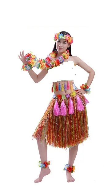 HONGXIN-SHOP Falda de Hierba Hawaiana con Elástica Flores Disfraces Guirnalda Diadema Pulsera Collar para Niñas Mujer Fiesta Hula Luau Accesorio 2 Sets 