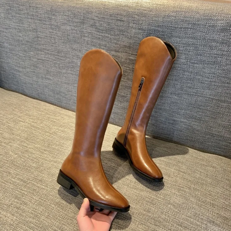 

MLJUESE 2021 women knee-high boots leather winter short plush brown color zippers high heels female high boots size 40