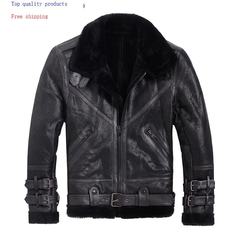 Mens Leather Jacket Winter Sheepskin Coat Short Genuine Motorcycle Sheep Shearling for Men Wool Lining |