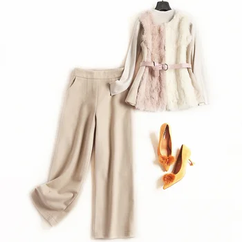 

Women fashion autumn winter fur vest 3 piece set color block rabbit hair tops + knitted pullovers + woolen pant suit blue beige