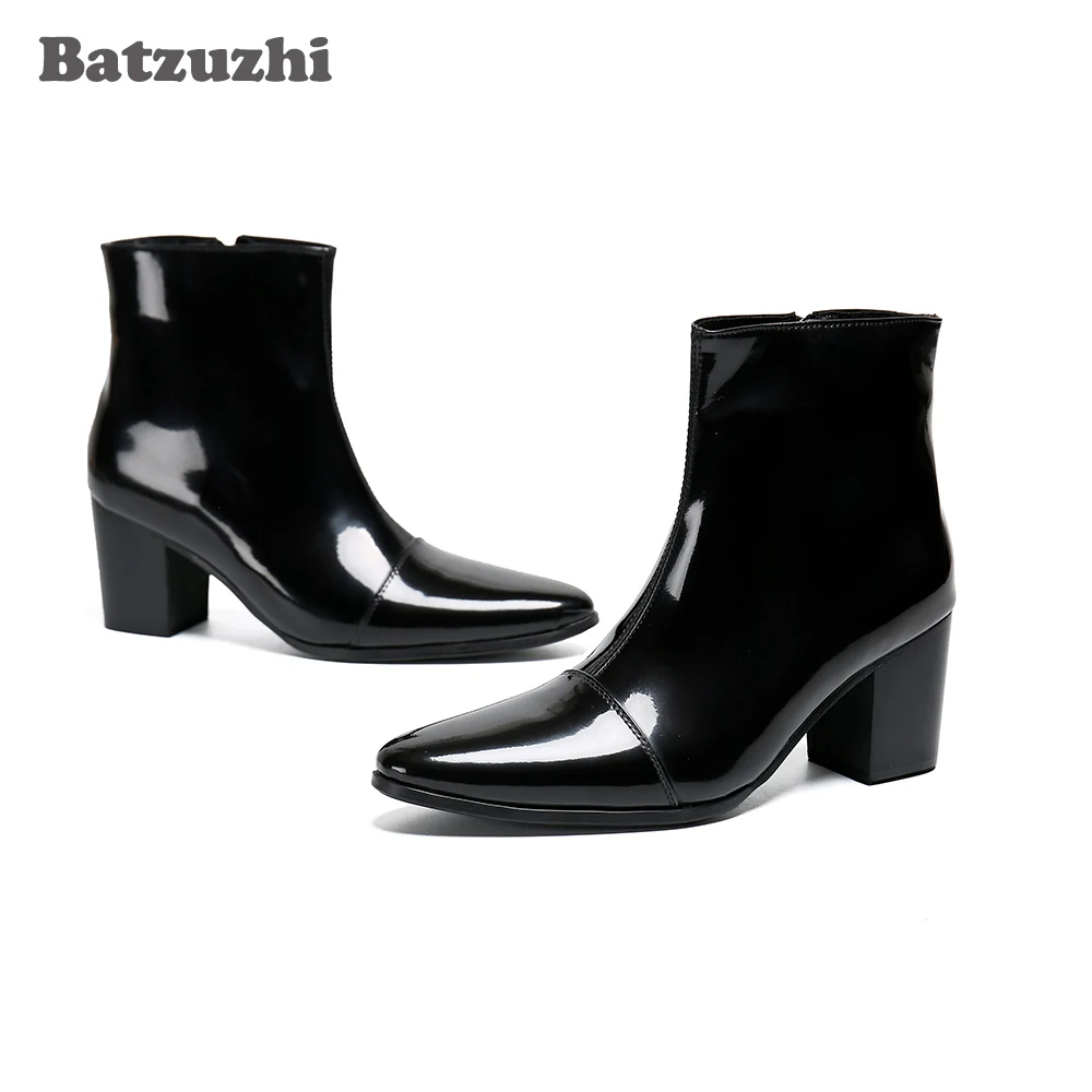 Batzuzhi/мужские ботинки на высоком каблуке 7 см; кожаные модельные ботинки с острым носком; мужские черные кожаные ботильоны на молнии в деловом стиле; Bota Masculina