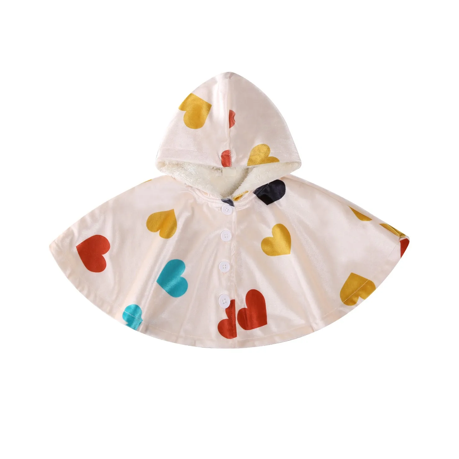

2020 New Fall Autumn 0-24M Baby Girl Hooded Colorful Heart Print Cloak Single Breasted Velvet Inner Plush Long Sleeve Coat