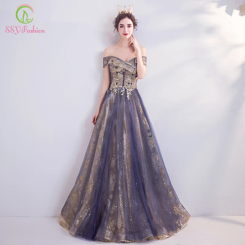 

SSYFashion New Banquet Elegant Purple Evening Dress Boat Neck Floor-length Lace Appliques Long Prom Formal Gown Robe De Soiree