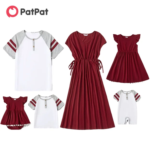 PatPat-Conjuntos de Serie Blanca y rojos a juego para Familia, mosaico, novedad de 2021, vestidos con cuello en V, camisetas, peleles 1