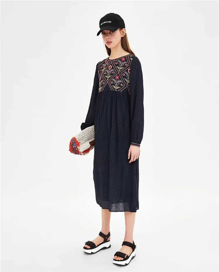 

Z2018 Spring New Style WOMEN'S Crew-neck Long-sleeve Top Embroidered Tulle Dress 0881/327 0881327
