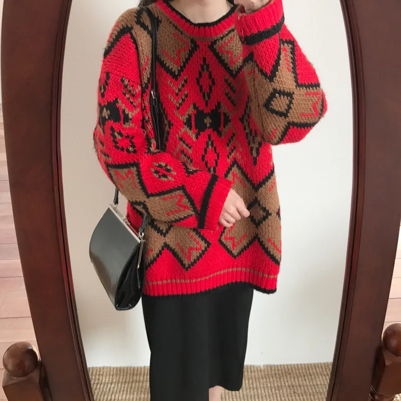 

Retro Loose-Fit Versatile Christmas Bright Red Mid-length Thick Warm Sweater Women's