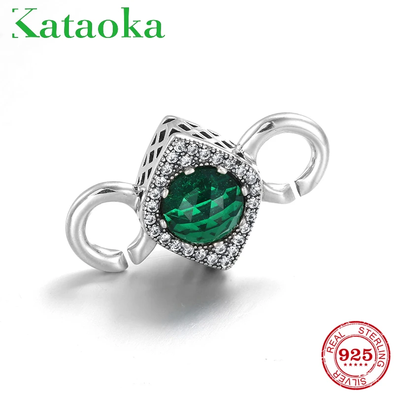 

925 Sterling Silver Square deep Green beads fit Hard Rubber Men Bracelet with Hight quality lucky Clover beads women Accessories