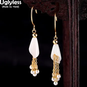 

Uglyless Calla Lily Hetian Nature Jade Floral Earrings for Women Freshwater Pearls Tassel Stamen Jewelry Gold 925 Silver Brincos