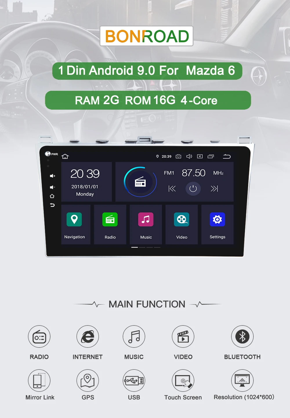 Bonroad Android 9,0 автомобильный мультимедийный плеер для Mazda 6 2008- gps Радио стерео видео gps навигация RAM2G Rom16G(без DVD