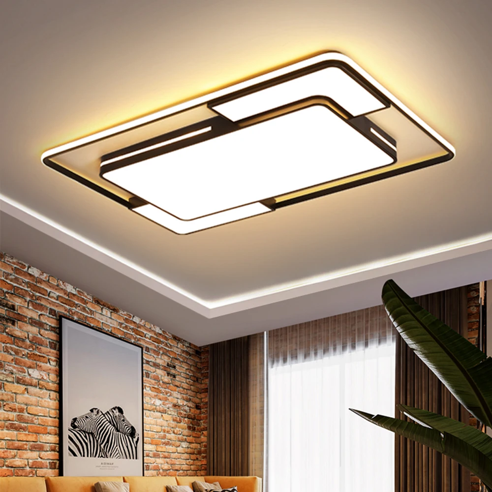 Modern LED Ceiling Light with Remote Black Dimmable Lamp Square Rectangle Lighting for Living Room Bedroom Kitchen Loft