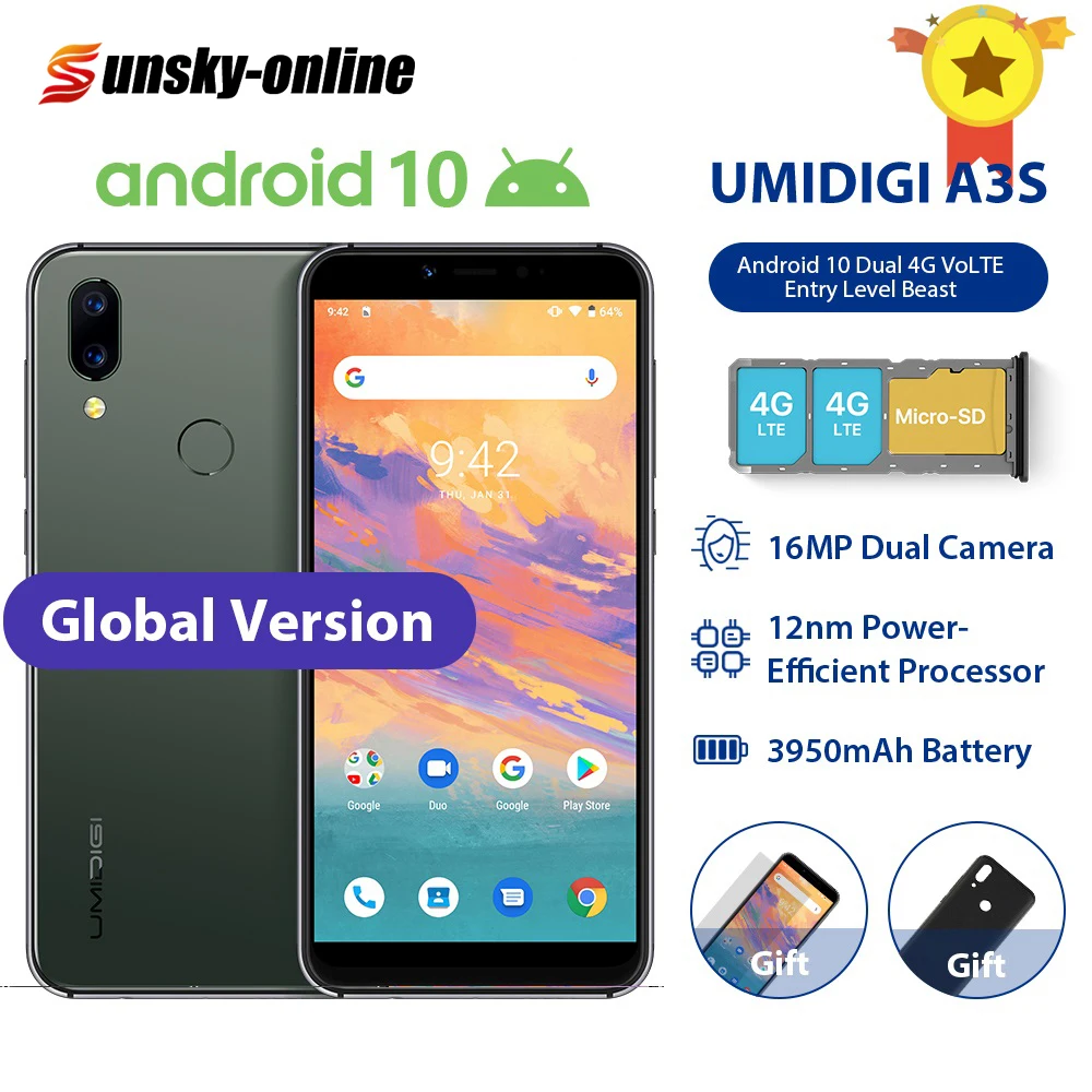 UMIDIGI A3S смартфон с 5 7 дюймовым дисплеем ОЗУ 2 Гб ПЗУ 16 Android 10 13 МП Мп 3950 мАч|Смартфоны|