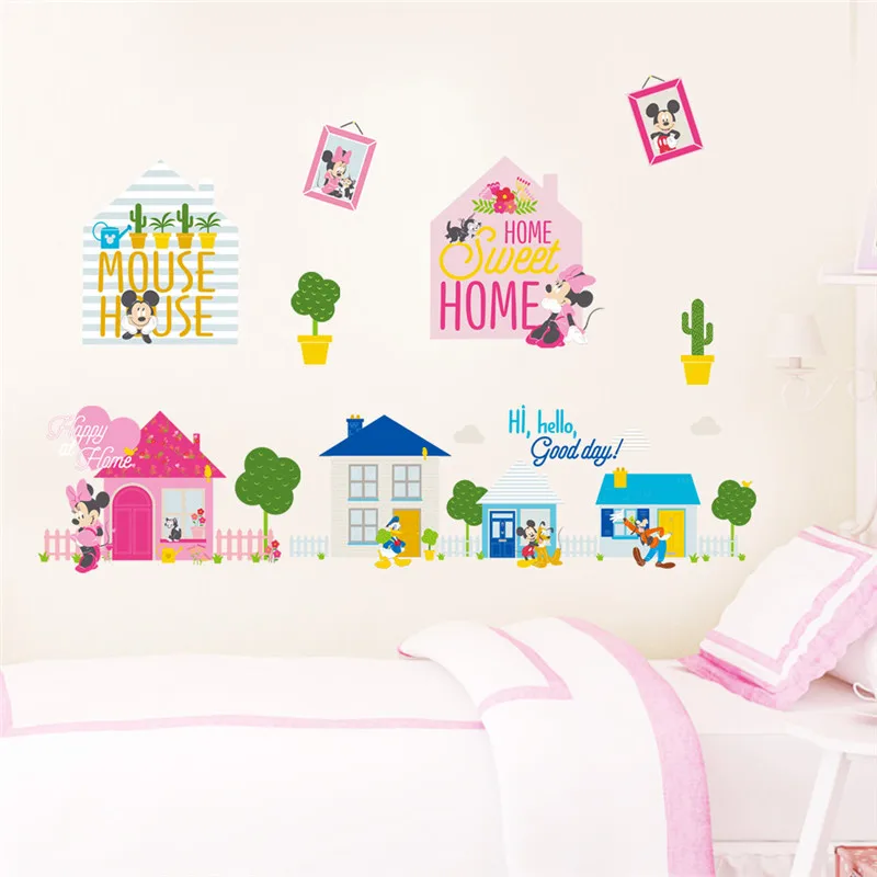 Disney Cartoon Mickey Minnie Mouse House Wall Stickers Home Decor Living Room Disney Wall Decals Pvc Mural Art Diy Posters