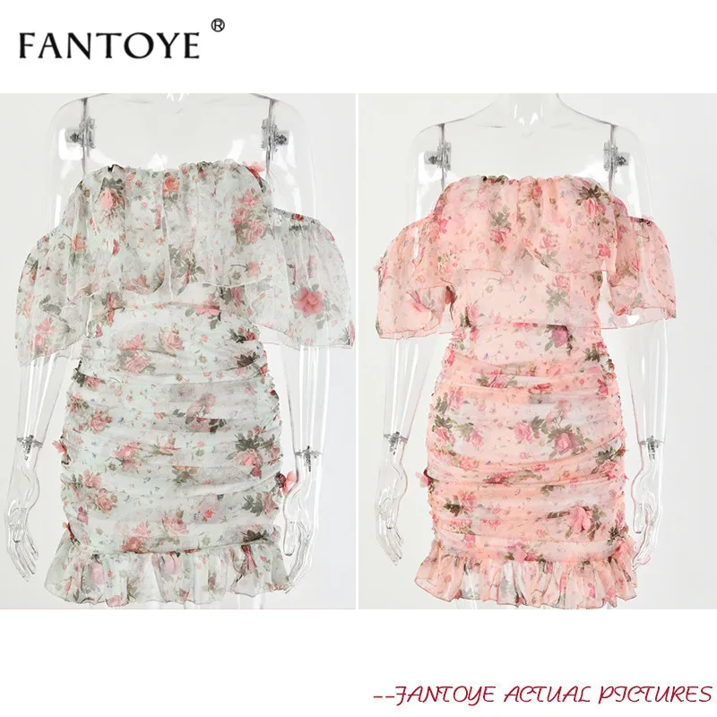 FANTOYE платье с открытыми плечами и цветочным принтом женское Двухслойное гофрированное вечернее платье сексуальное платье без бретелек бодикон весеннее новое платье