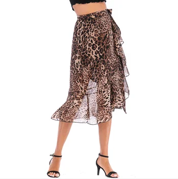 

New Chiffon Print Skirt High Waist Tie Casual Skirt Leopard Print Mid-length Skirt
