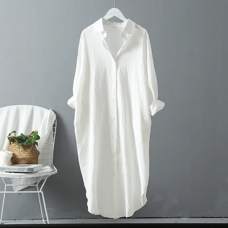 Женские хлопковые блузки повседневные длинные рубашки из льна белого/синего
