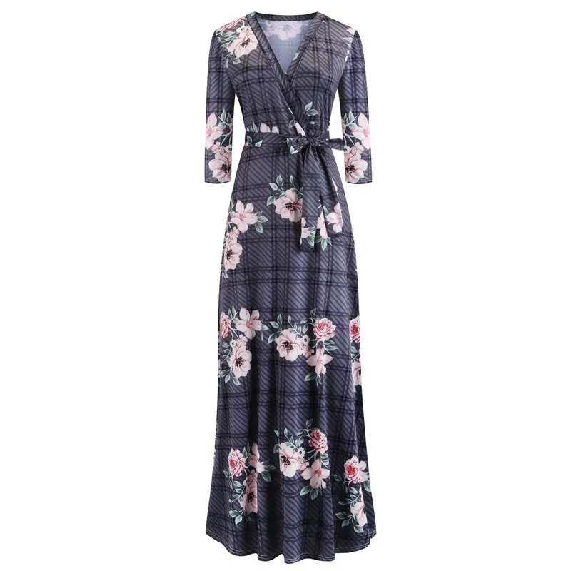 Oufisun Spring Sexy Deep V Neck Women's Dress Bohemia Tunic Maxi Dresses Elegant Vintage Flowers Print Dress Vestidos Plus Size