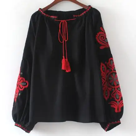Из хлопка и льна Boho блузки с вышивкой летняя рубашка с длинными рукавами, Для женщин Блузки белого и синего цвета черный Повседневное Свободная блузка AF118