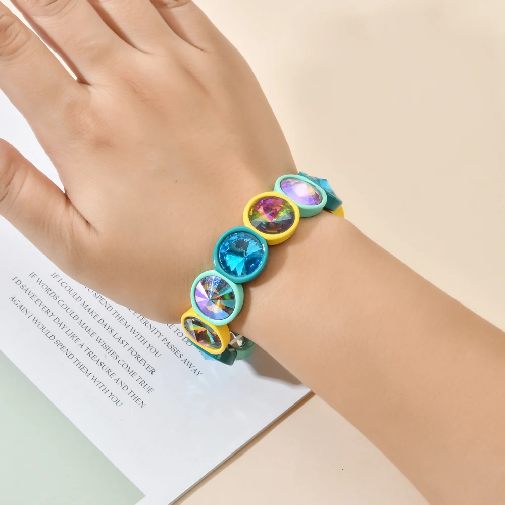 Handmade Multicolor Big Crystal Elastic Bracelet Enamel Stretch Glass Bangle Tile Bead Bracelet for Women Dark Vintage ZMZY