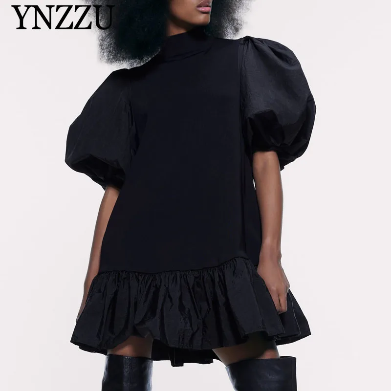 Женское мини-платье с пышными рукавами, весна, Черное женское платье с оборками и высоким воротником, повседневное модное осеннее платье, новинка YNZZU YD308
