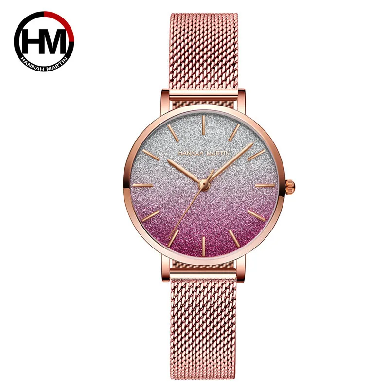 Rose Red HANNAH Martin модные роскошные кварцевые женские часы японский механизм водонепроницаемый градиент цвета циферблат ремешок из нержавеющей стали - Цвет: Rose Red