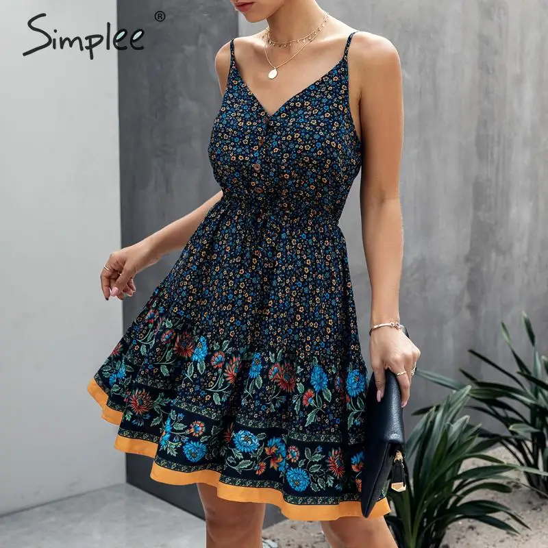 Simplee Spaghetti strap summer dress women A-line floral print female boho dress High waist v-neck beach wear ladies sundress Simplee Spaghetti strap summer dress women A-line floral print female boho dress High waist v-neck beach wear ladies sundress