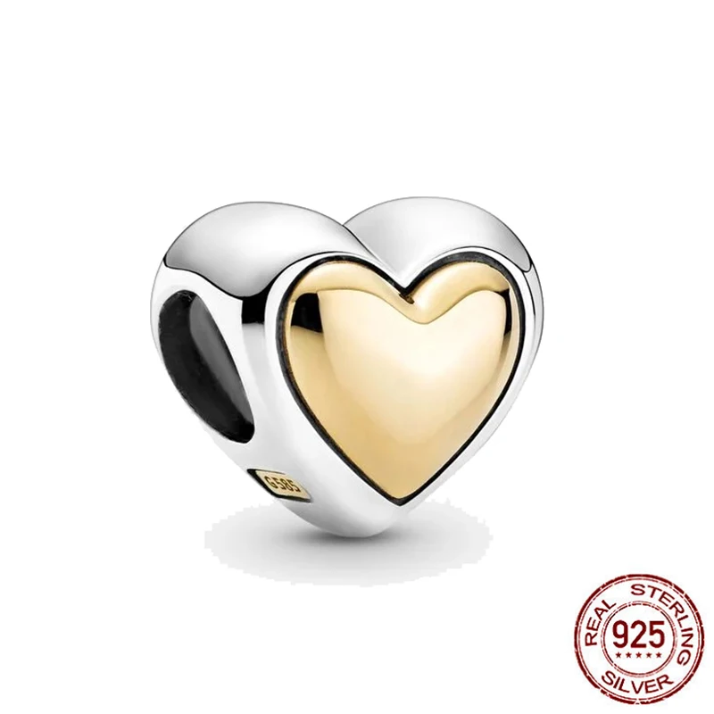 New Original 925 Sterling Silver Domed Golden Heart Charm Bead Fit Pandora Bracelet & Necklace For Women DIY Jewelry