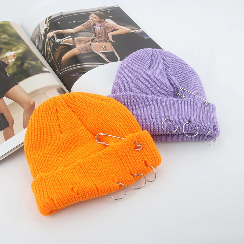 Hats for Women Beanies Solid Brooch Hole Skullies Women's Hats Casual Party Unisex Street Hip Hop Winter Hats Sombreros De Mujer orange skully hat