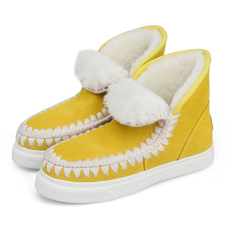 

Fashion New Winter Warm Snow Boots Concise Leather Wool Lining Platform Shoes Leisure Slip-On Cotton High Heels Zapatos De Mujer
