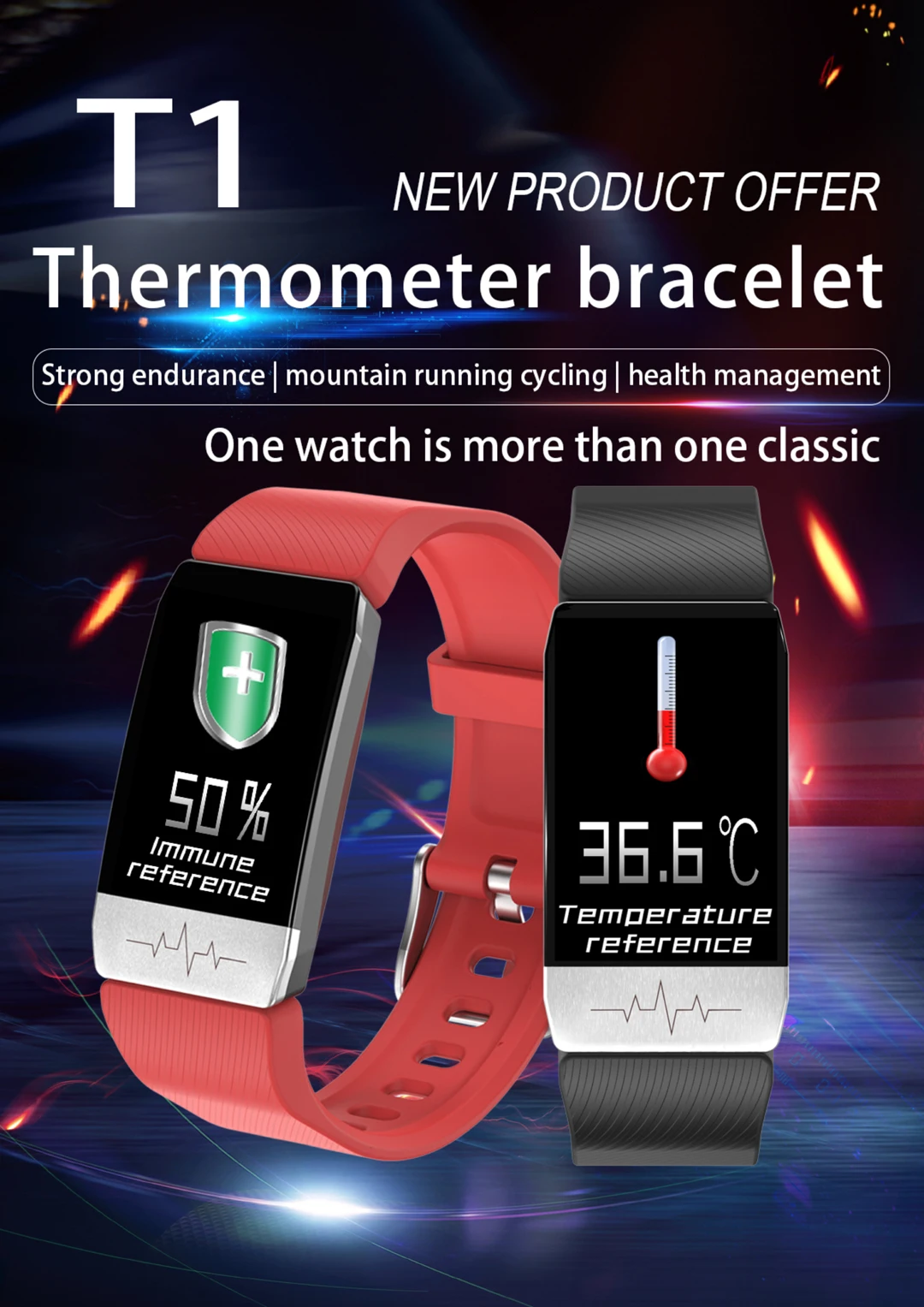 T1S Smart Watch Band With Temperature Measure ECG Heart Rate Blood Pressure Monitor Weather Forecast Drinking Remind Wristband