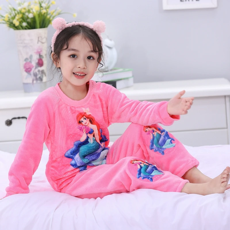 Детский фланелевый пижамный комплект, Детские Зимние теплые шерстяные пижамы кораллового цвета одежда для сна с героями мультфильмов домашняя утварь с длинными рукавами для девочек