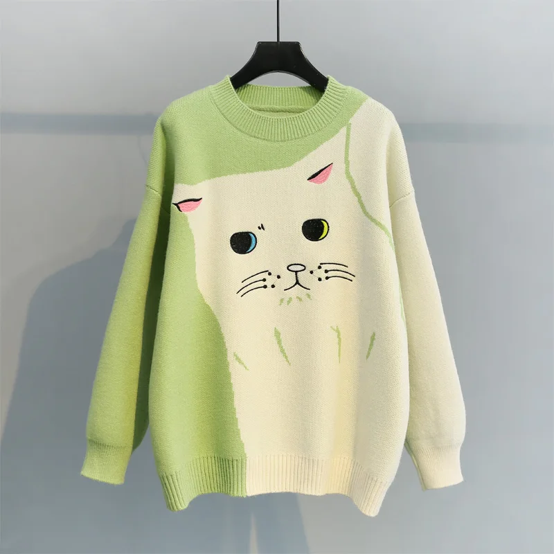 Gaganight милый кот Kawaii женский свитер с длинными рукавами и круглым вырезом с вышивкой пуловер для девочек Повседневный свободный студенческий вязаный джемпер шикарный - Цвет: Green