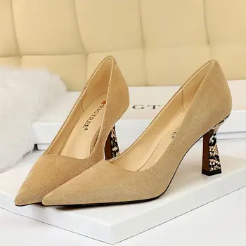 

EOEODOIT 2020 Spring Autumn Flock Party OL Shoes 7.5 CM Pointed Toe Stylish Snake Heels Office Lady Formal Pumps Plus Size 42