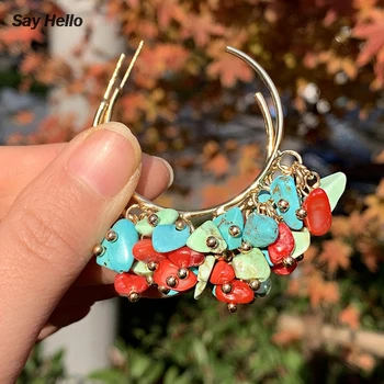 

SAY HELLO Multicolor Turquoises Beads Irregular Large Hoop Earrings Geometric Gem Gold Earrings Random Color Gift Women D0512