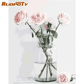 

RUOPOTY Pink Flower In Bottle Oil Painting By Numbers Kits For Adults Handmade Diy Framed On Canvas 60x75cm Home Decorations