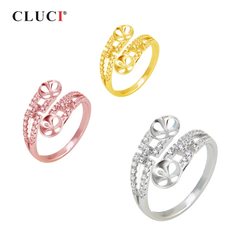 

CLUCI Authentic 925 Sterling Silver Zircon Pearl Ring Mounting Women Symmetric Adjustable Wedding Engagement Ring Jewelry